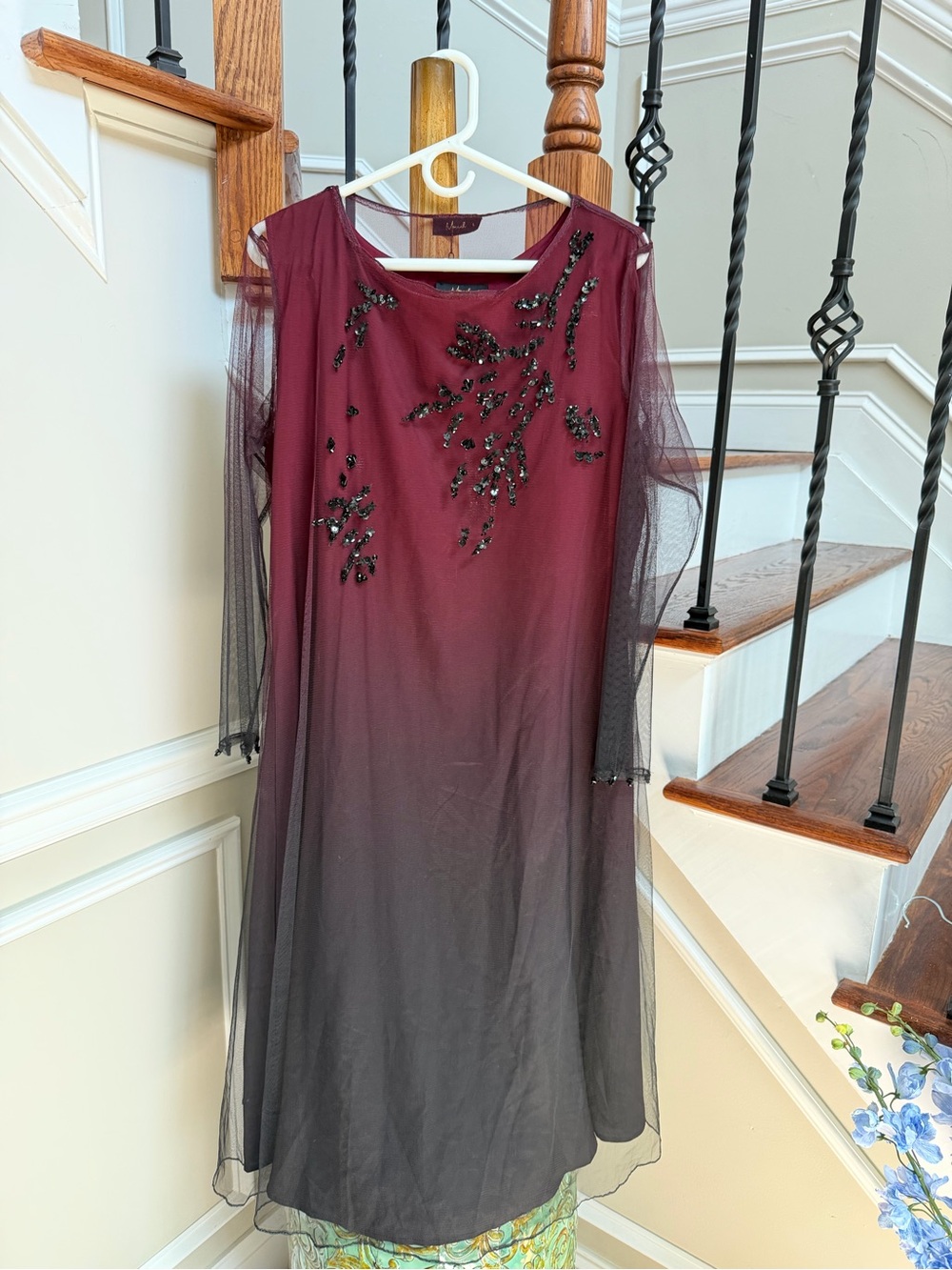 Mou Burgundy to Black Ombre Beaded Long Sleeve Dress